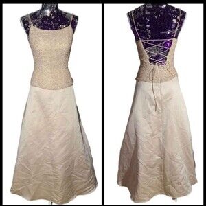 Vintage Avanti Designs 90s Y2K Prom Size 4 Champagne Gold Beaded Ball Gown Dress